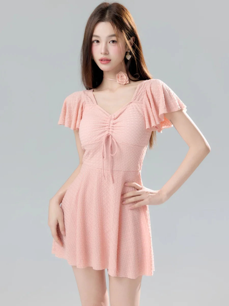 2025 New Pink Pure Desire Swimsuit Women Gathered and Slimmed into One-piece Swimsuit Summer Beach Play Swimsuit