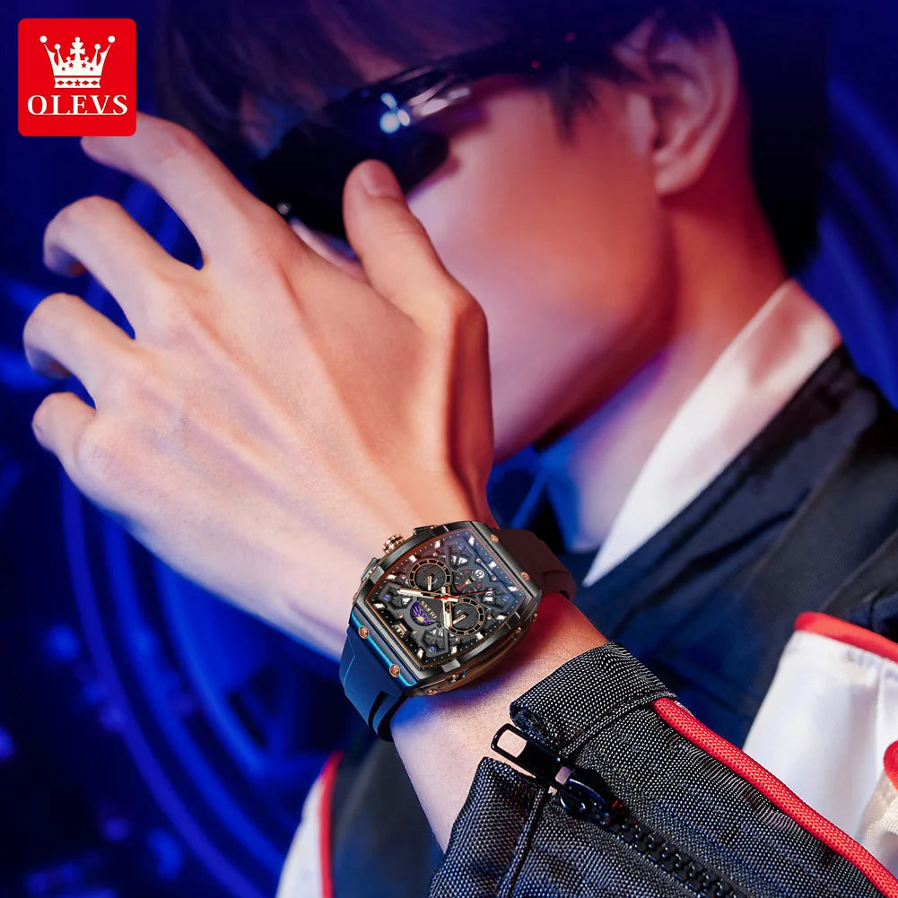OLEVS 2942 Man Watch Silicone Strap Tonneau Design Dial Multifunction Quartz Watch for Men Moon Phase Calendar Chronograph Watch