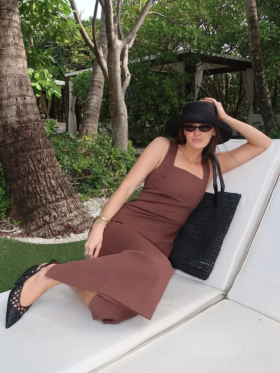 Wolfeel Cotton Linen Square Neck Suspender Dress Women's Solid Color Fashion Slim Fit Long Dress Summer New Women's Clothing