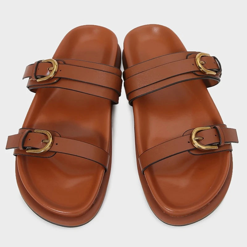 Metal Buckle Soft Leather Women Roman Shoes Thick Bottom Women Summer Slippers Leisure Comfort Non-slip Women Beach Flat Sandals