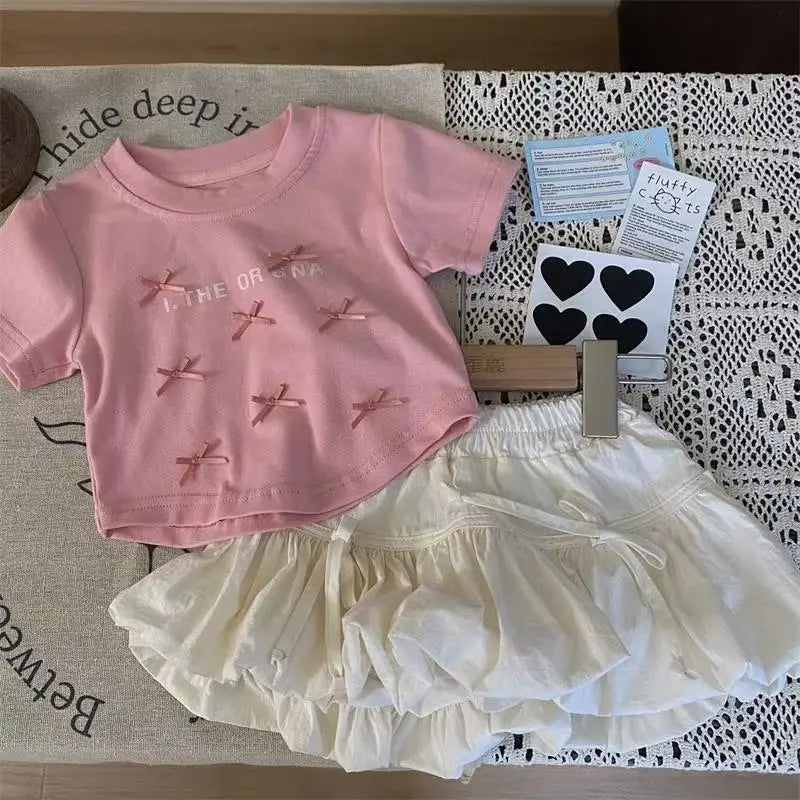 Girl's Sweet 2Pcs Set Summer Children Infants Kids Baby Ballet Princess Bow Top T-shirt+Flower Bud Skirt Suits