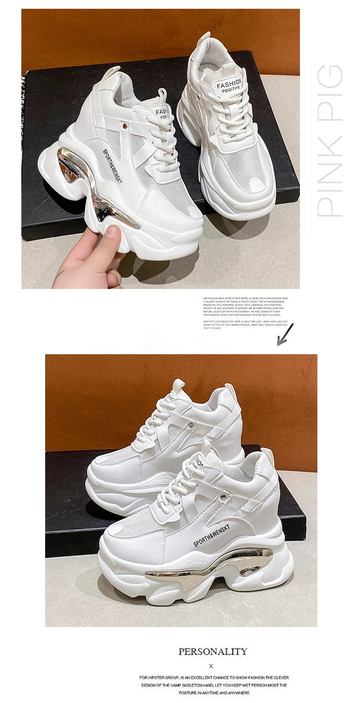 2025 Women Chunky Sneakers Platform Ulzzang Sports Shoes Summer Thick Bottom Breathable Mesh Casual Shoes 11CM High Heels Woman