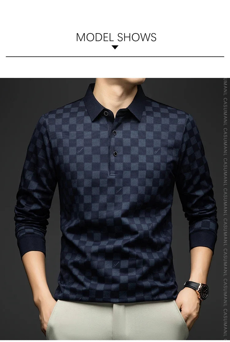 BROWON Polo Shirts for Man Autumn Business Slim Fit Long Sleeve T Shirt Men 2026 New Casual Loose Pullover Plaid Men Tops & Tees