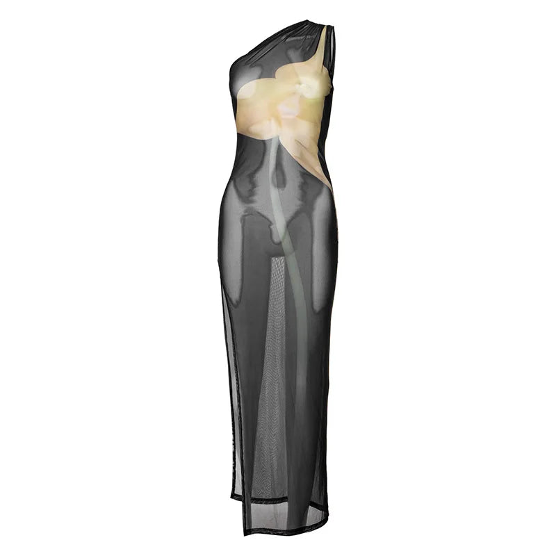 Mesh See Through Y2K Print Bodycon Sexy Party Club Maxi Split Dress Women Summer One Shoulder Backless Beach Long Dresses Outfit