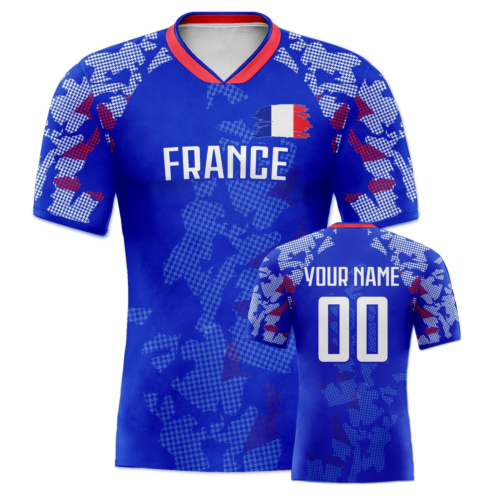 Custom France Soccer Jersey Personalized Name Number, National Team Football Shirt V-Neck Flag Design for Men Youth Women