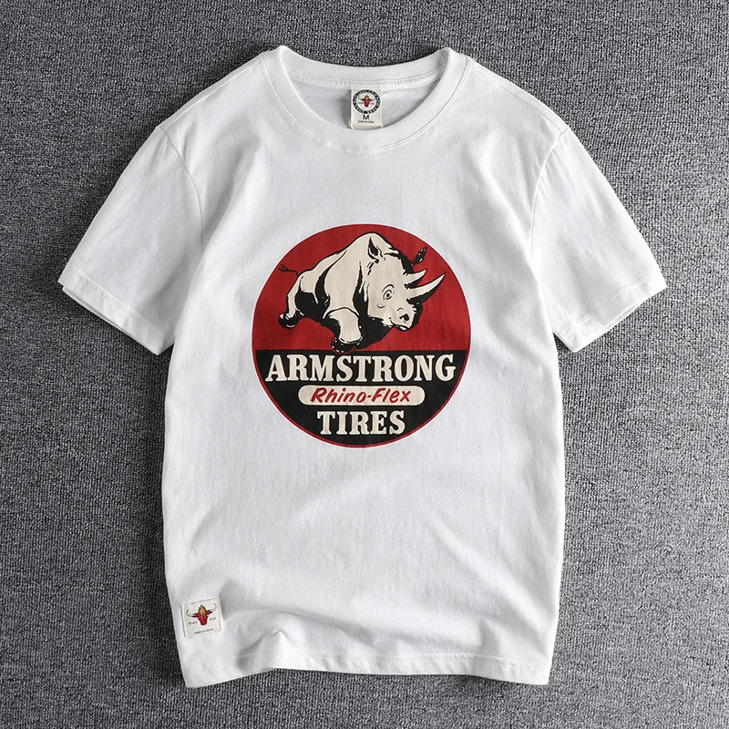Summer new wash matte comfortable short sleeve t-shirt men's rhinoceros Vintage Print versatile youth fashion casual half sleeve