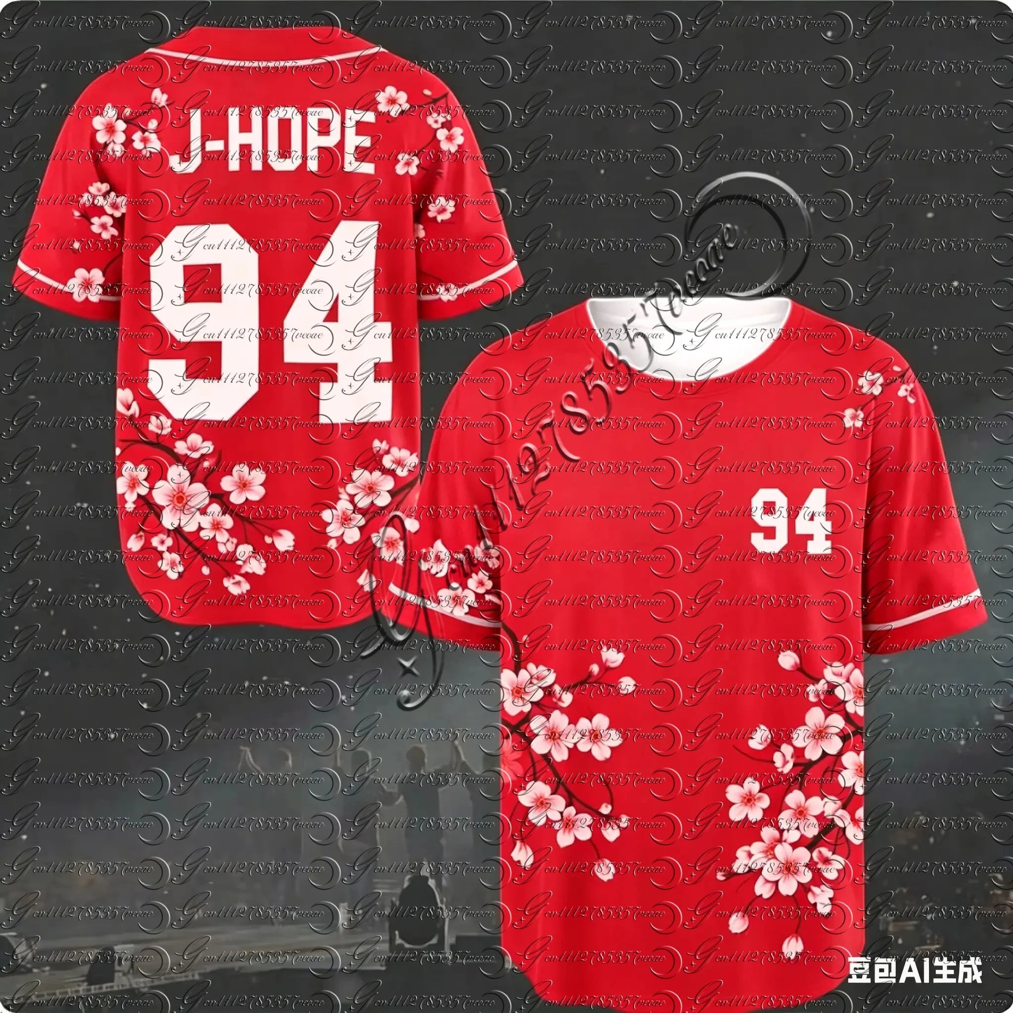 J-HOPE 94 Cherry Blossom Baseball Jersey, Floral Print Short Sleeve Shirt, Kpop Fans Casual Streetwear Tops for Kids&Youth