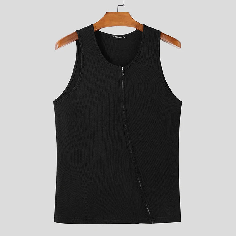 2025 Men Tank Tops Solid Color Knitted Zipper Sleeveless Male Vests Summer Streetwear Skinny Fashion Men Clothing S-3XL INCERUN