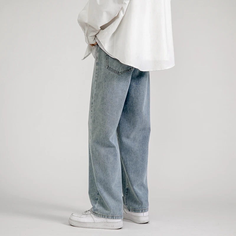 2023 New Korean Fashion Men's Baggy Jeans Classic Unisex Man Straight Denim Wide-leg Pants Hip Hop Bagy Light Blue Grey Black