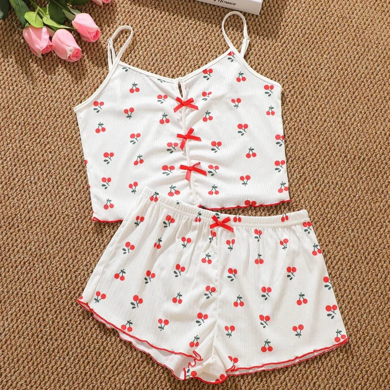 Women's Summer Spaghetti Strap Top and Shorts Pajama Sets Ladies Cherry Heart Print Sleepwear Cute Bowknot Sexy Loungewear S-XL