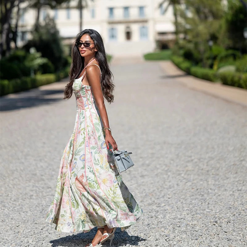 Elegant Printed Women's Dress Sleeveless Halter Waist-Closed A-Line Lady Dresses 2026 Spring Summer Female Robe New