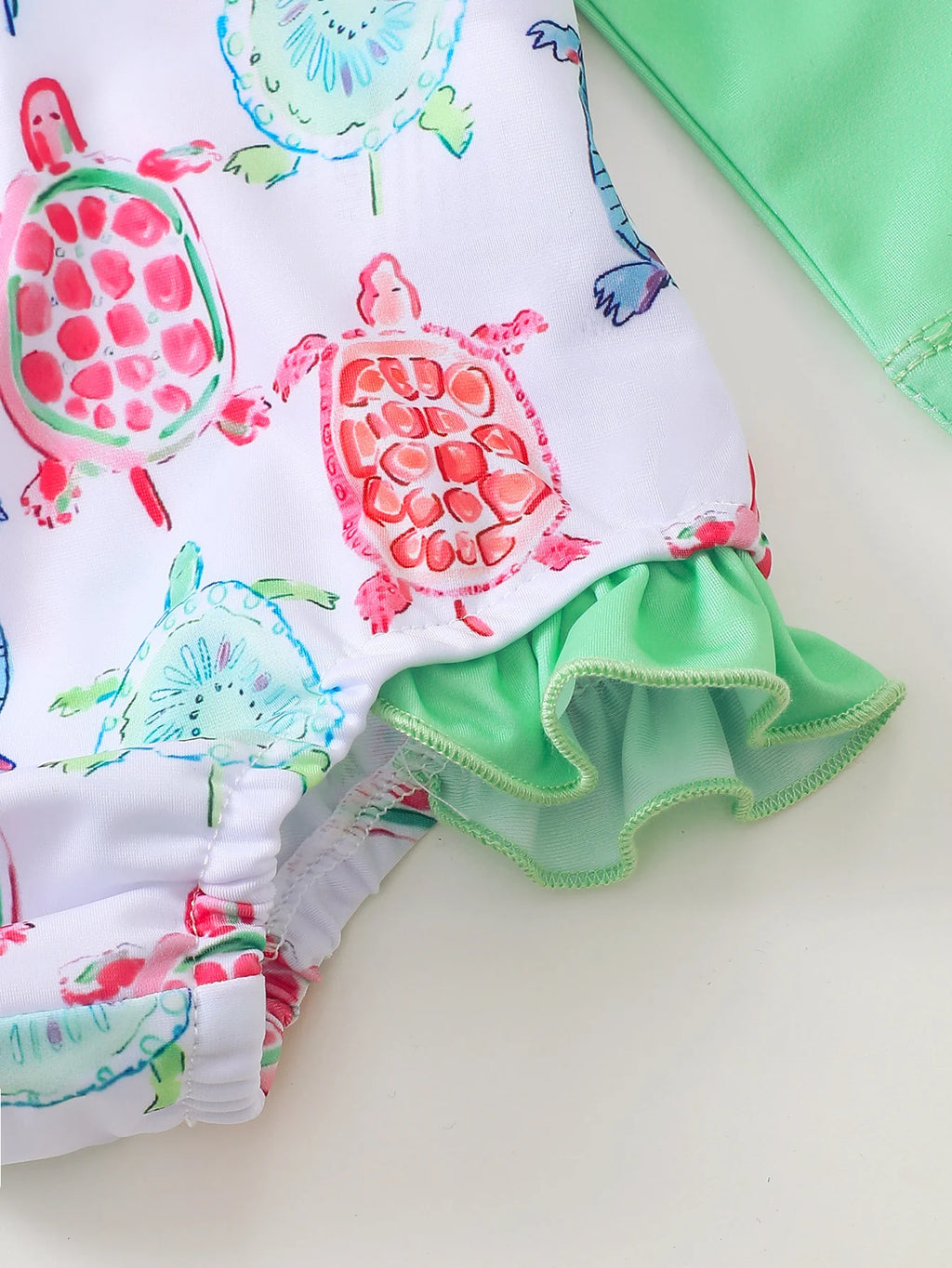 Baby Girl Turtle Print Long Sleeve Onesie Swimsuit with Wood Grain Ruffle Hat Matching Ensemble for Infants And Toddlers