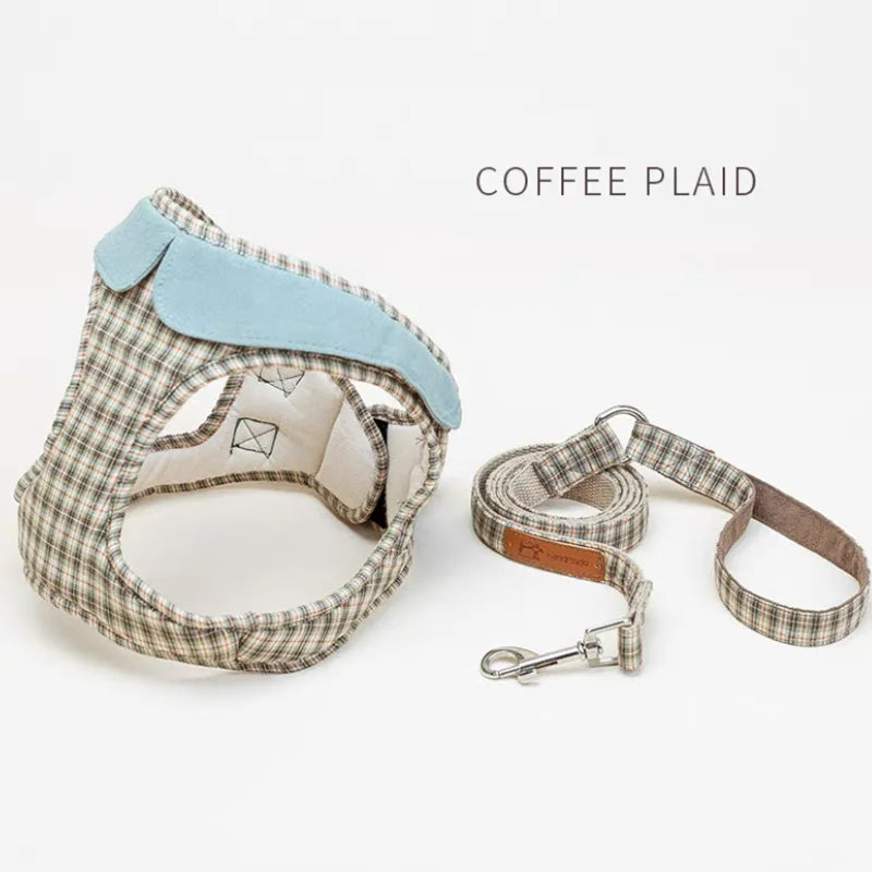 Plaid Pet Dog Harness And Leash Puppy Vest Harness With Cute Collar For Small Dog Walk Training Accessories York French Bulldog