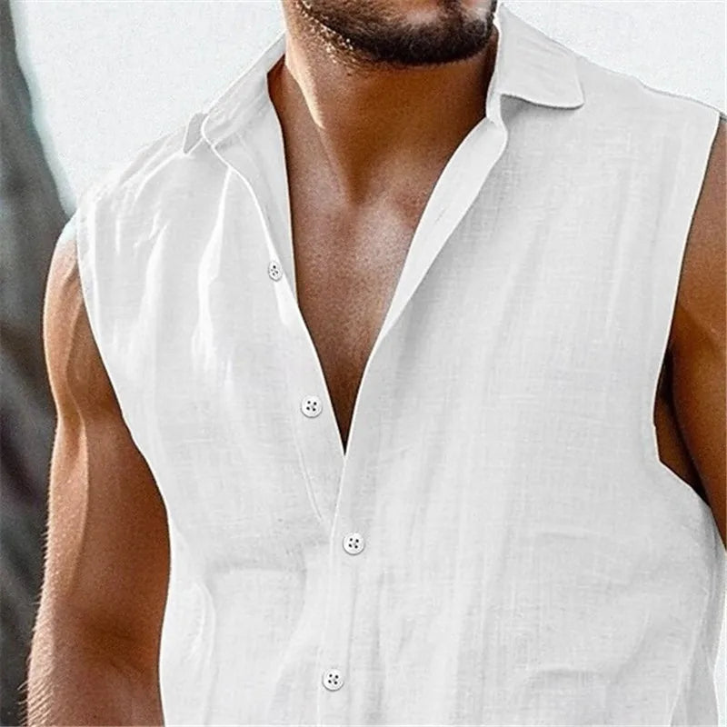 Summer Sleeveless Casual Shirts Men Lightweight Breathable Sports Turn Down Collar Shirt Male Solid Sports Loose Beach Tops Man