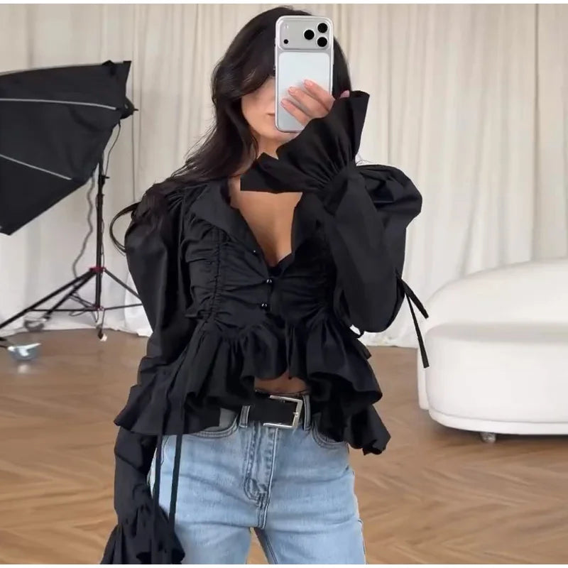 Elegant Chic Ruffle Hem Women's Shirt Flare Sleeve Single Breasted Drawstring Pleat Cropped Shirts 2026 Spring Summer Lady Top