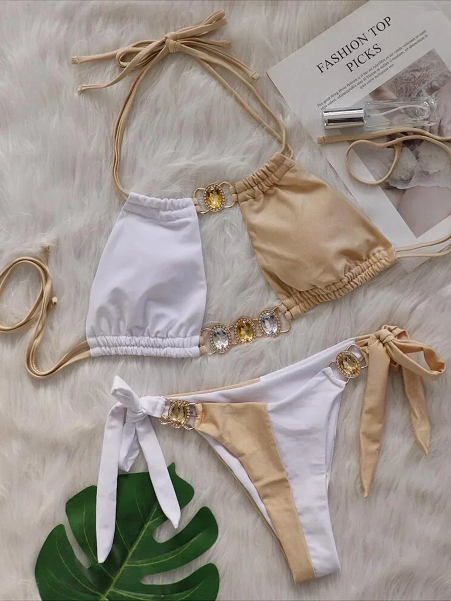 2026 Splicing Halter Diamond Bikini Women Swimsuit Female Swimwear Two Pieces Bikini Set Hollow Out Bathing Suit Swim Beach Wear