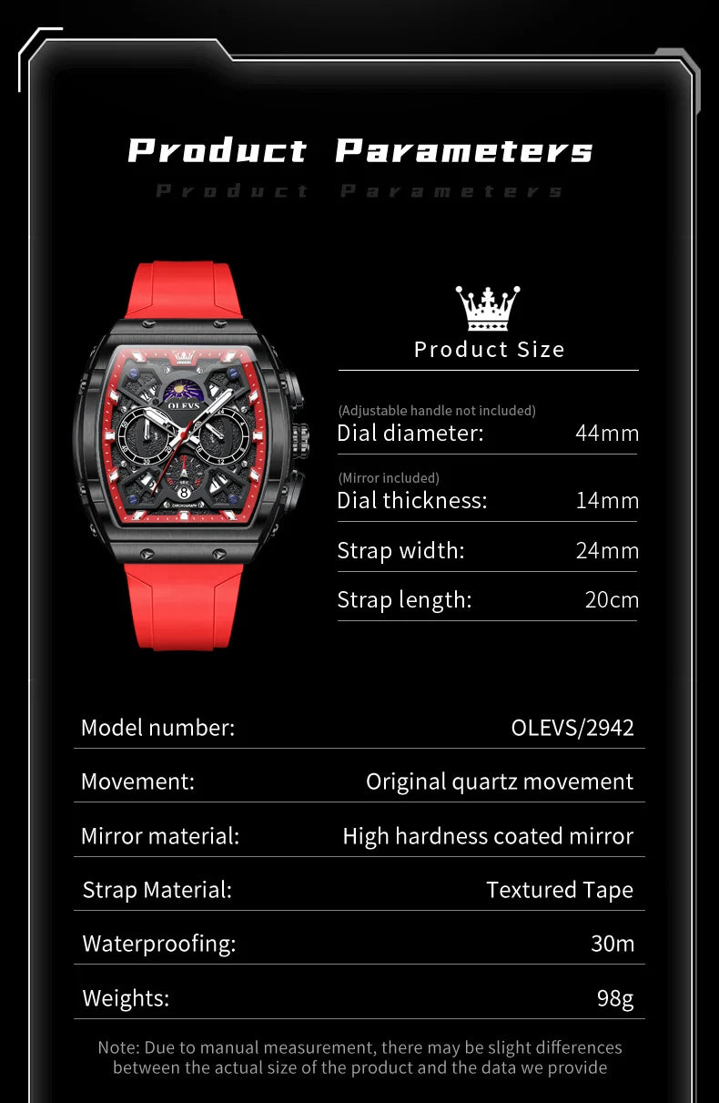 OLEVS 2942 Man Watch Silicone Strap Tonneau Design Dial Multifunction Quartz Watch for Men Moon Phase Calendar Chronograph Watch
