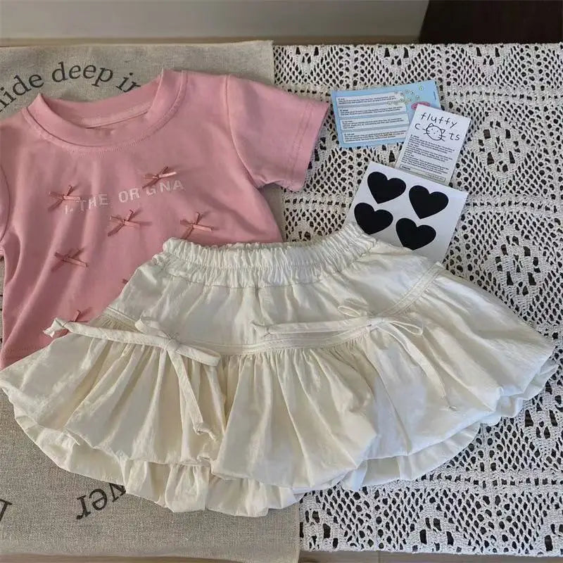 Girl's Sweet 2Pcs Set Summer Children Infants Kids Baby Ballet Princess Bow Top T-shirt+Flower Bud Skirt Suits