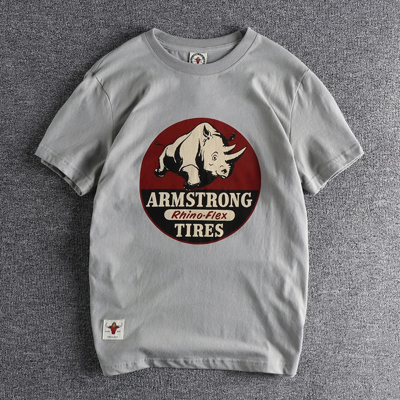 Summer new wash matte comfortable short sleeve t-shirt men's rhinoceros Vintage Print versatile youth fashion casual half sleeve