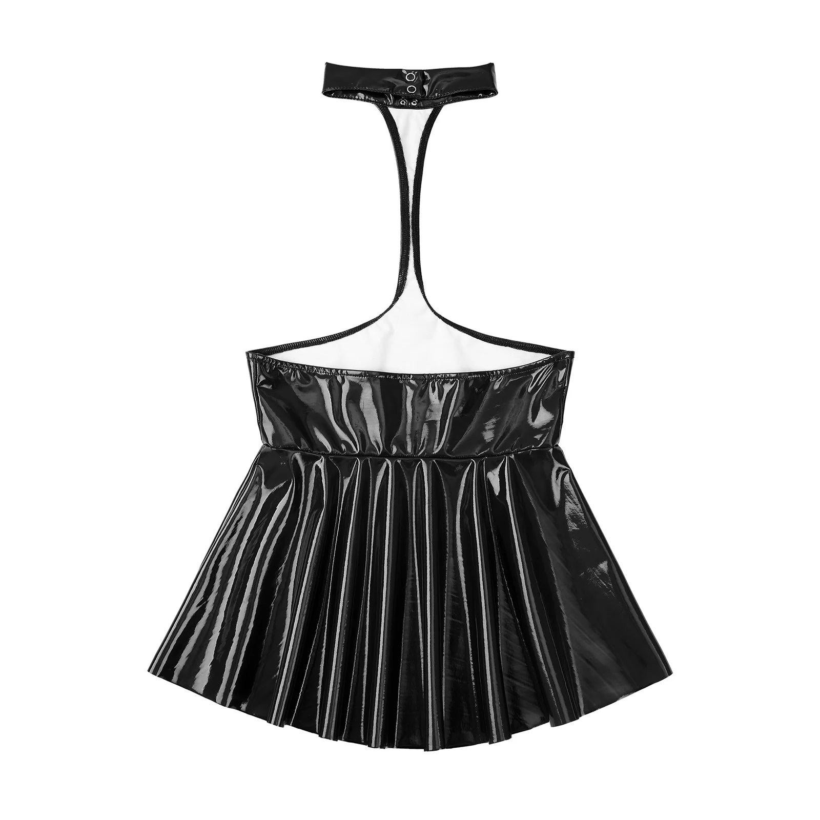 Womens Shiny Metallic Faux Leather Halter Neck Backless A-Line Dress Exposed Breast Mini Night Club Dresses Latex Clubwear