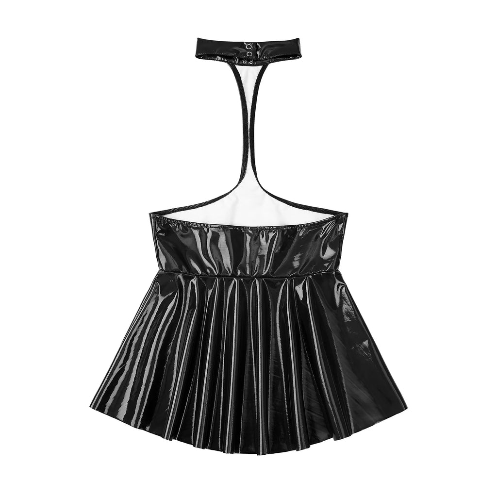Womens Shiny Metallic Faux Leather Halter Neck Backless A-Line Dress Exposed Breast Mini Night Club Dresses Latex Clubwear