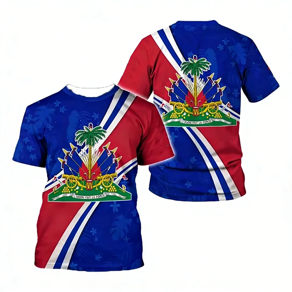 Haiti National Elements 3D Printed T-Shirt Patriotic Culture Casual Fabric T-Shirt Featuring National Flag Map And Emblem Design