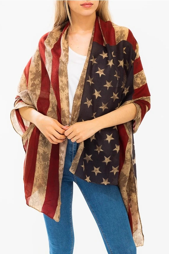 Popular Shawl American Flag Oblong Scarfs Patriotic Stars Pattern Headscarf Muffler Voile Soft Wrap Geometric Stripes Scarf