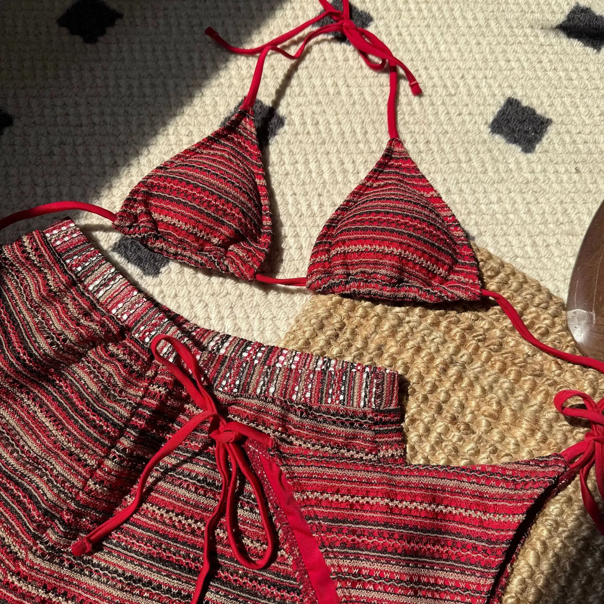 Sexy Crochet Bikini Set 2026 Women Coffee Contrast Striped High Waist Panties 3 Piece Swimsuit Bathing Suit Knitted Swimwear