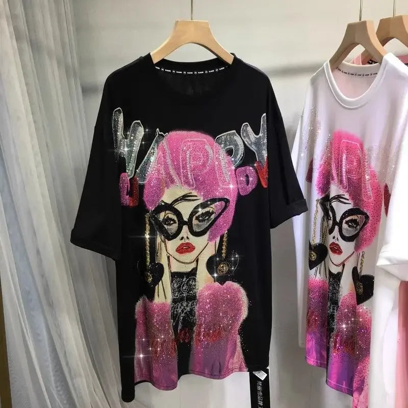 L-4XL Plus Size Casual T Shirts for Women Cartoon Lady Rhinestone Summer Short Sleeve Loose Tops Womens Clothing Женская Одежда