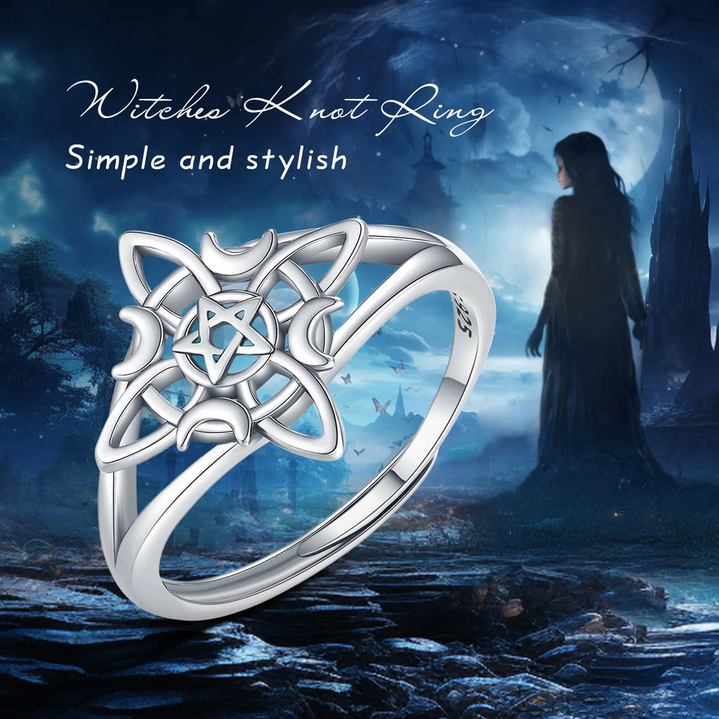 Eudora 925 Sterling Silver Witch Knot Adjustable Ring for Women Man Irish Celtic Knot Witchcraft Amulet Ring Wicca Jewelry Gift
