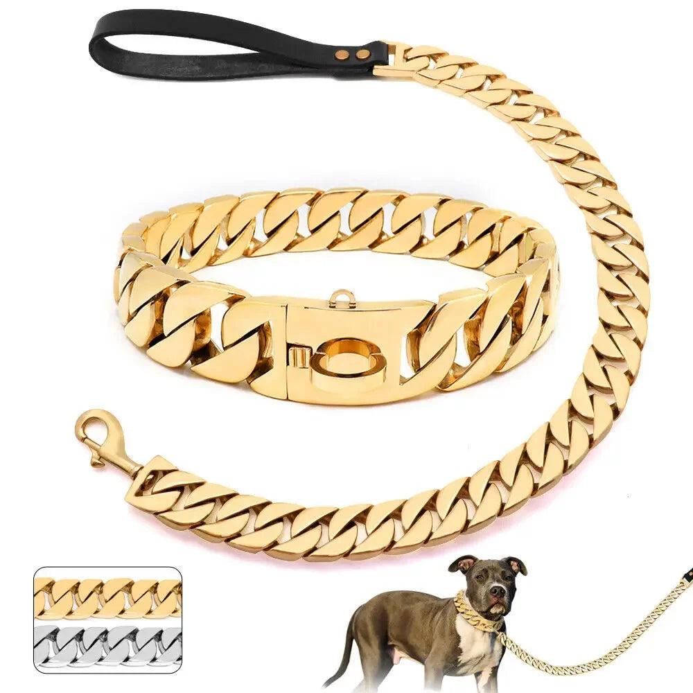 Stainless Steel Dog Leash Pet  Lead Traction  Super Strong Gold Collar Chain 32mm 19mm Bulldog Pitbull Large Dog Collar Leash