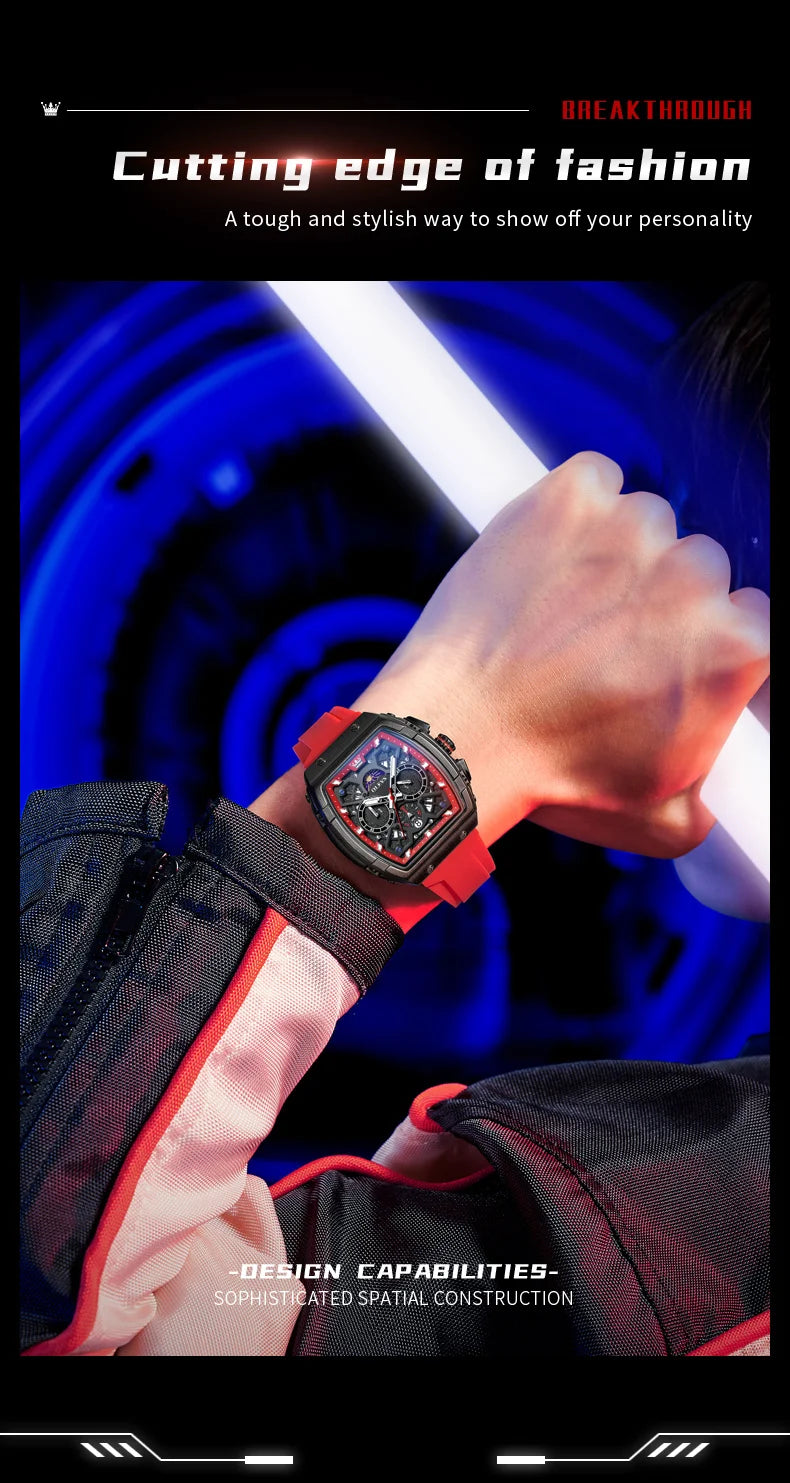 OLEVS 2942 Man Watch Silicone Strap Tonneau Design Dial Multifunction Quartz Watch for Men Moon Phase Calendar Chronograph Watch