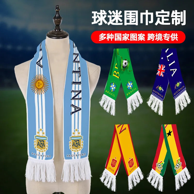 2026 Football Fan Scarf Argentina Brazil Portugal France Spain Canada USA Mexico Print Flannel Tassel Cheering Supporter Scarf