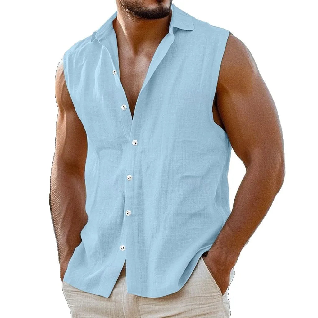 Summer Sleeveless Casual Shirts Men Lightweight Breathable Sports Turn Down Collar Shirt Male Solid Sports Loose Beach Tops Man