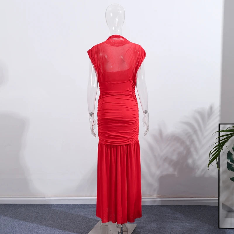 Sexy Red Pleated Mesh Long Dress Red See Through Patchwork Sleeveless A-line Party Dresses Female 2025 Summer Slim Robes Lady