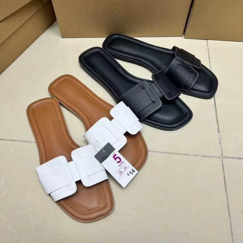 Causal Flat Woman's Slippers Peep Toe Outside Street Female Beach Shoes 2025 Summer Soft Leather Brand Design Ladies Slides