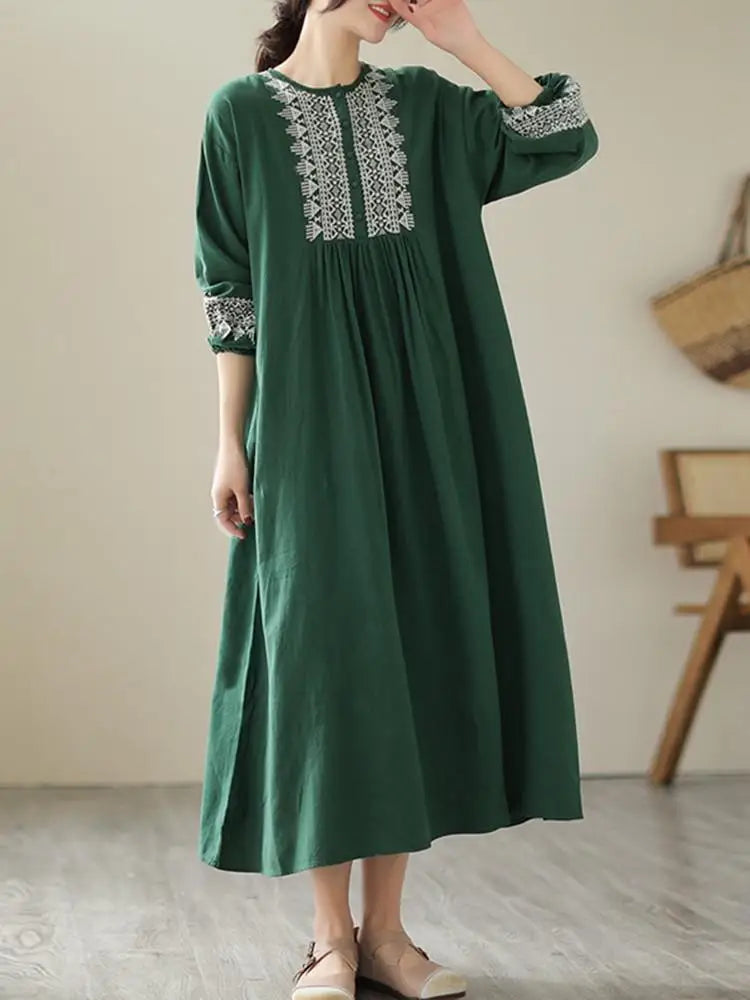 100% Cotton Long Dresses Women New Arrival 2023 Spring Vintage Style Geometric Embroidery Loose Female Casual Dress B2386