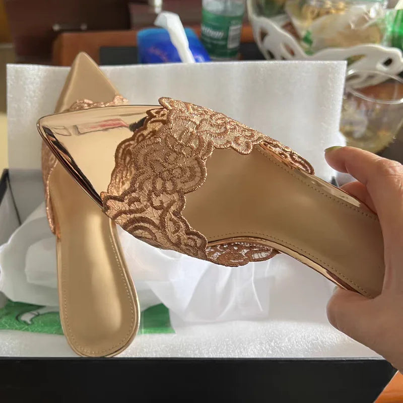 New Summer Women's High Heel Sandals Lace Embroidery Pointed Open Toe Stiletto High Heel Sandals Party Slippers