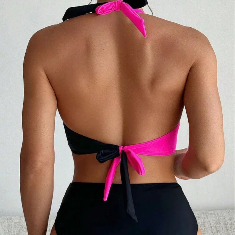 New Sexy Backless Bikini Cross Strap Color Collision Swimwear Women Split Bikini Set Two Pieces Bathing Suit Beachwear Swimsuit