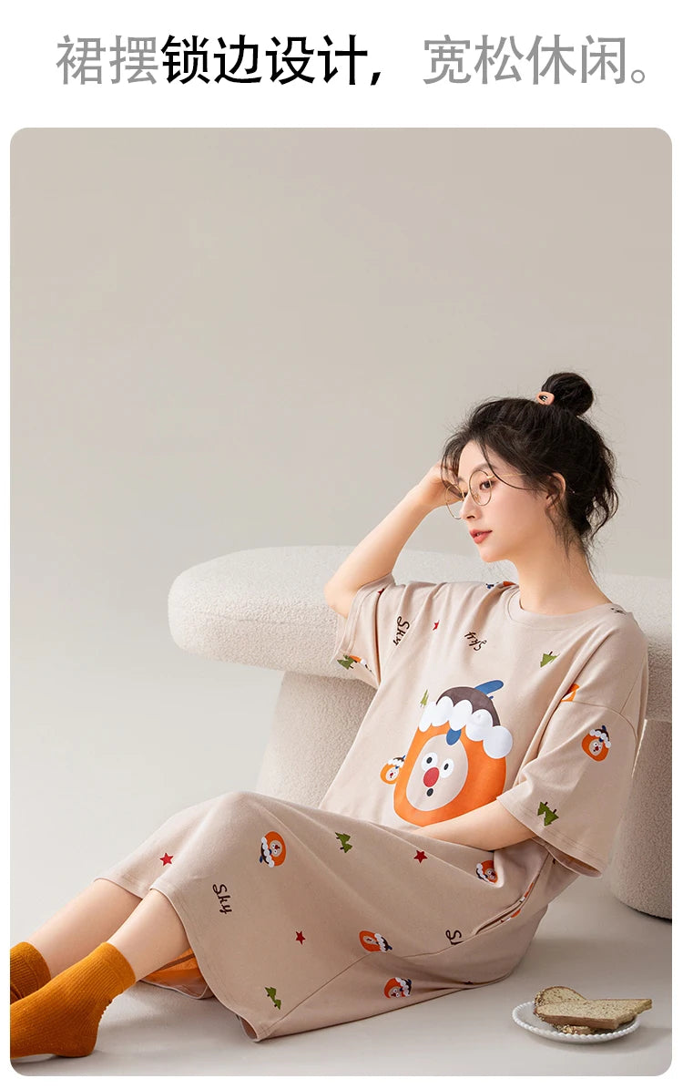 100% COTTON! SUKAE Summer New Women Lovely Sleepshirt Fashion Nightgowns Leisure Dress Casual Nightdress Short Sleeves Nightgown