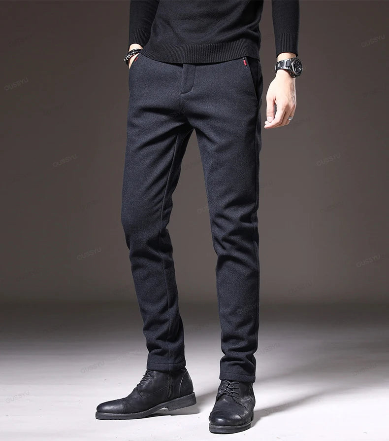 Winter Fleece Warm Men's Brushed Fabric Casual Pants Outdoors Business Thick Velvet Cotton Flocking PlushTrousers Male 28-38