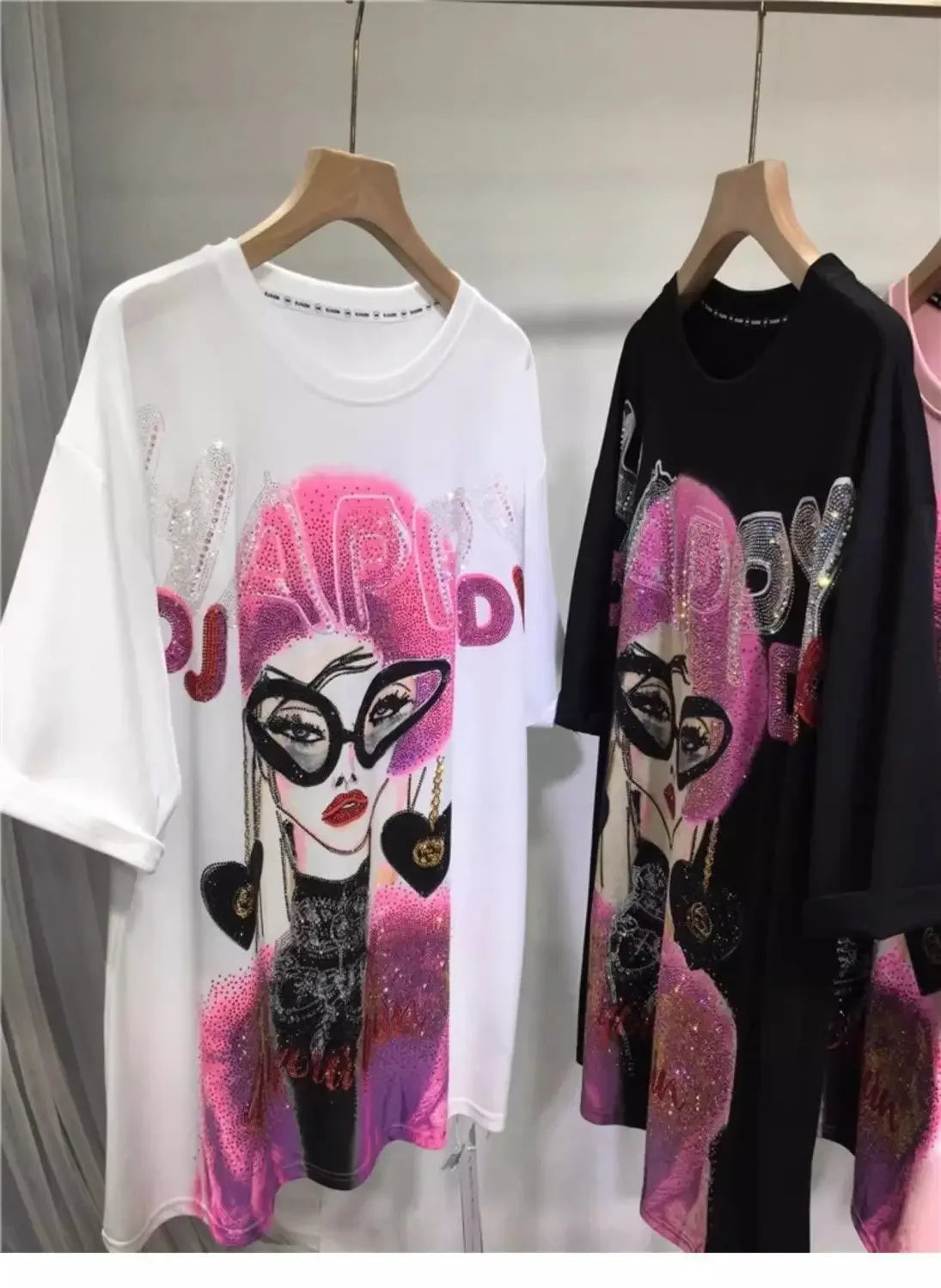 L-4XL Plus Size Casual T Shirts for Women Cartoon Lady Rhinestone Summer Short Sleeve Loose Tops Womens Clothing Женская Одежда