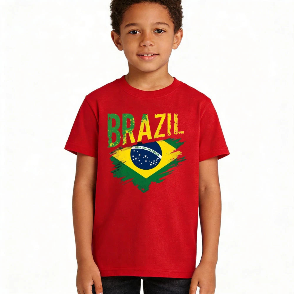 Distressed Brazil Flag Graphic TShirt Brazilian Soccer Lover Children Casual Daily Life Shirt Kids Boy Girl Cotton Short Sleeve