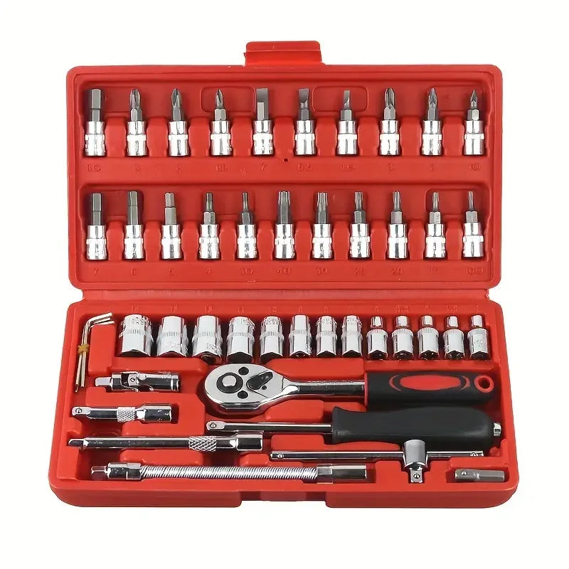 Hi you: 46 piece car repair tool kit: ratchet torque wrench, wrench, screwdriver, socket set combination - perfect for bicycle a