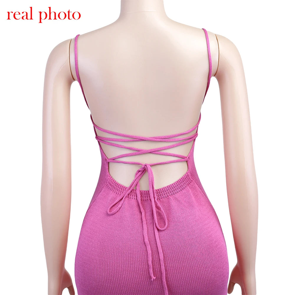Cryptographic Sexy Backless Bandage Knitted Dress Elegant Outfits for Women Sleeveless Club Party Birthday Slip Dresses Clothes