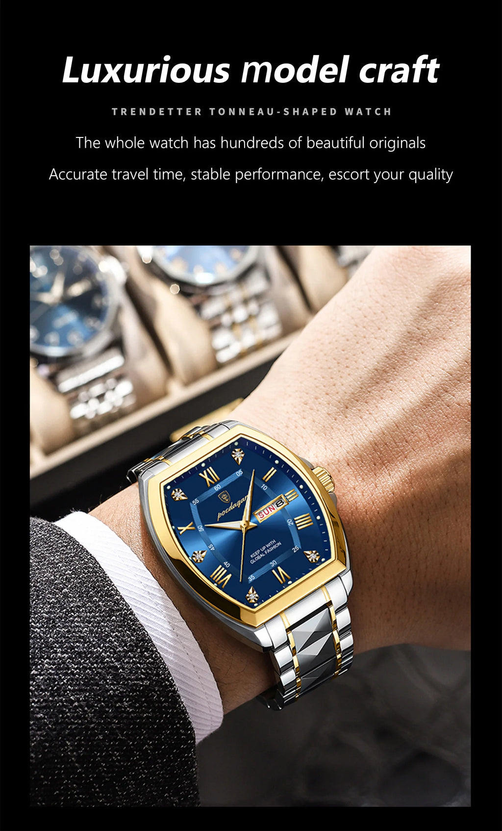 POEDAGAR Luxury Tonneau Men Watch Luminous Waterproof Date Week Man Watch Stainless Steel Fashion Original Men's Quartz Watches
