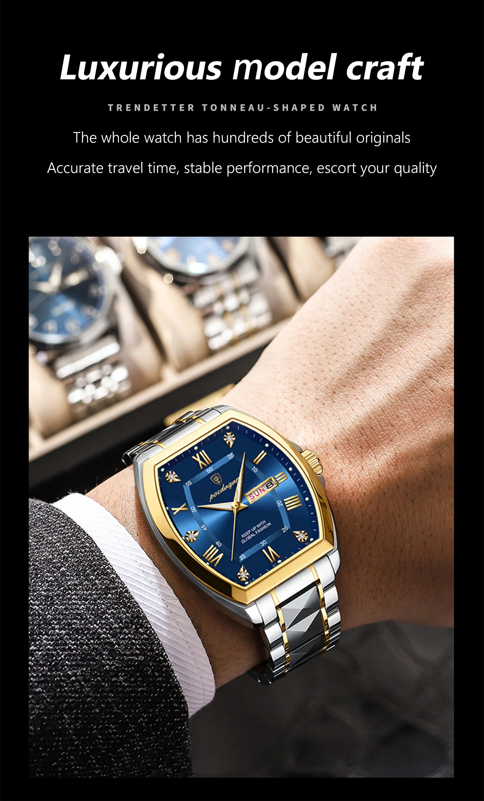 POEDAGAR Luxury Tonneau Men Watch Luminous Waterproof Date Week Man Watch Stainless Steel Fashion Original Men's Quartz Watches