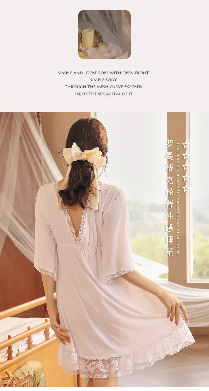 Fdfklak M-3XL Women’s Nightgowns Sexy Lace Deep V Neck Sleepshirt Mesh Short Sleeve Summer Nightdress Female Nightwear Dress