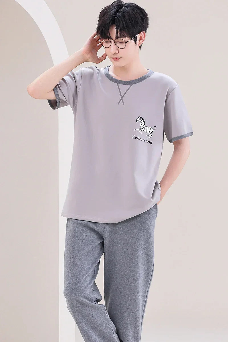 SUKAE Mens Plus Size L-5XL Homewear Summer Cotton Short Sleeve Full Pants Pajamas Set for Man Leisure Sleepwear Trendy Nightwear