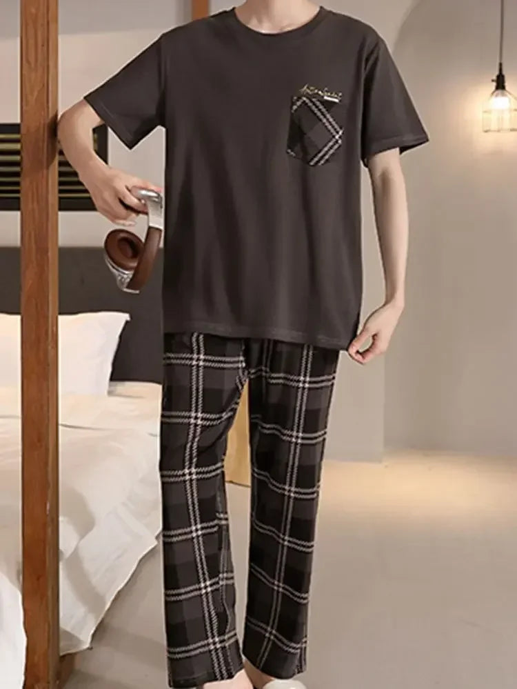 SUKAE Mens Plus Size L-5XL Homewear Summer Cotton Short Sleeve Full Pants Pajamas Set for Man Leisure Sleepwear Trendy Nightwear